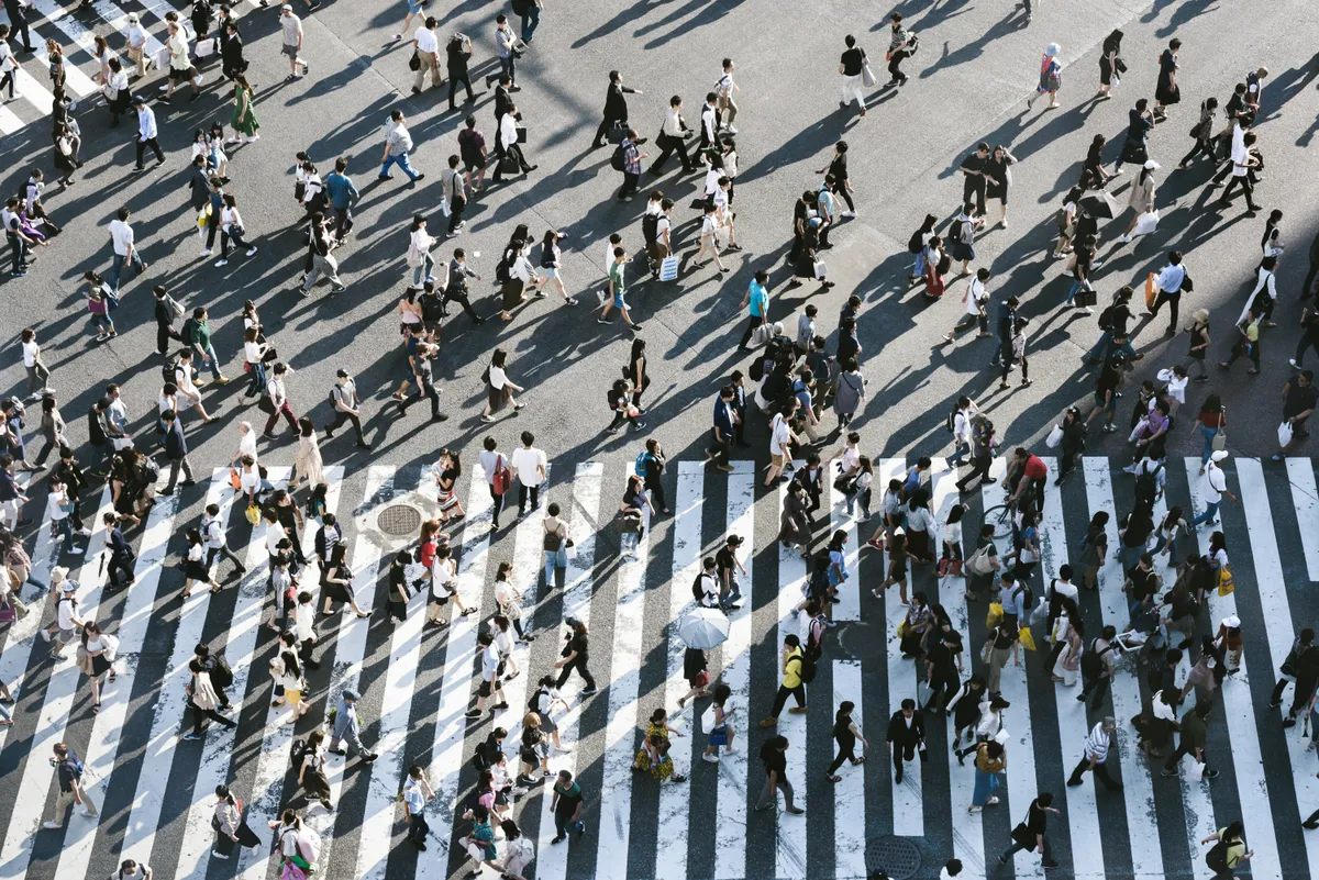 Aerial view of the famous Shibuya Crossing with crowds, Tokyo, Japan