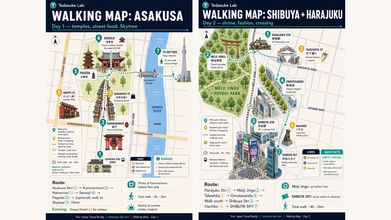 Tokyo walking map - Asakusa and Shibuya illustrated day routes