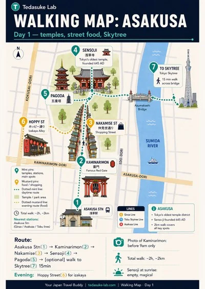 Tokyo walking map Asakusa - illustrated day route from Japan Travel Buddy
